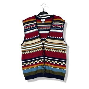 Vintage FE Design Women Sweater Vest Size L Geometric Stripe Knit Grandmacore